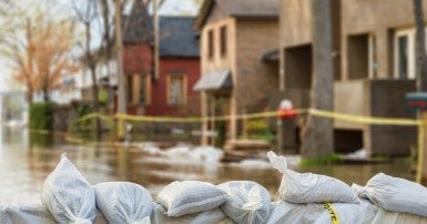 Flood protection sandbags with flooded homes in the background