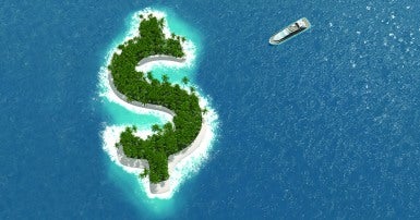 Money Island Yacht in wide open water approaching a dollar sign shaped island