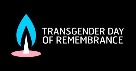 Abstract pink candle with blue flame and words "Transgender Day of remembrance"