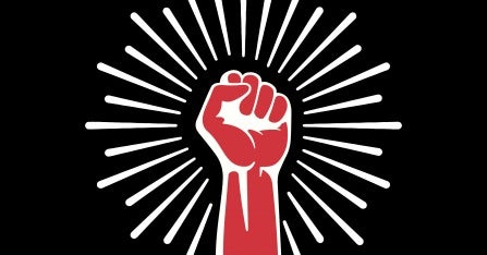 Red fist with white lines radiating out on black background