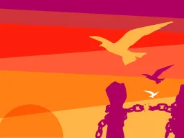 sun rising with two hands breaking chains and birds flying above them